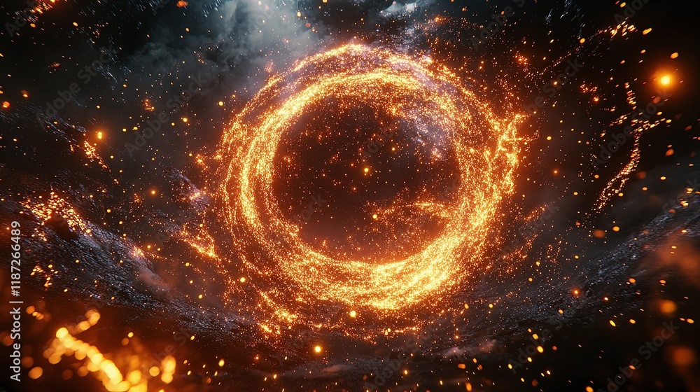 Poster glowing particles moving in circular patterns with dynamic lines
