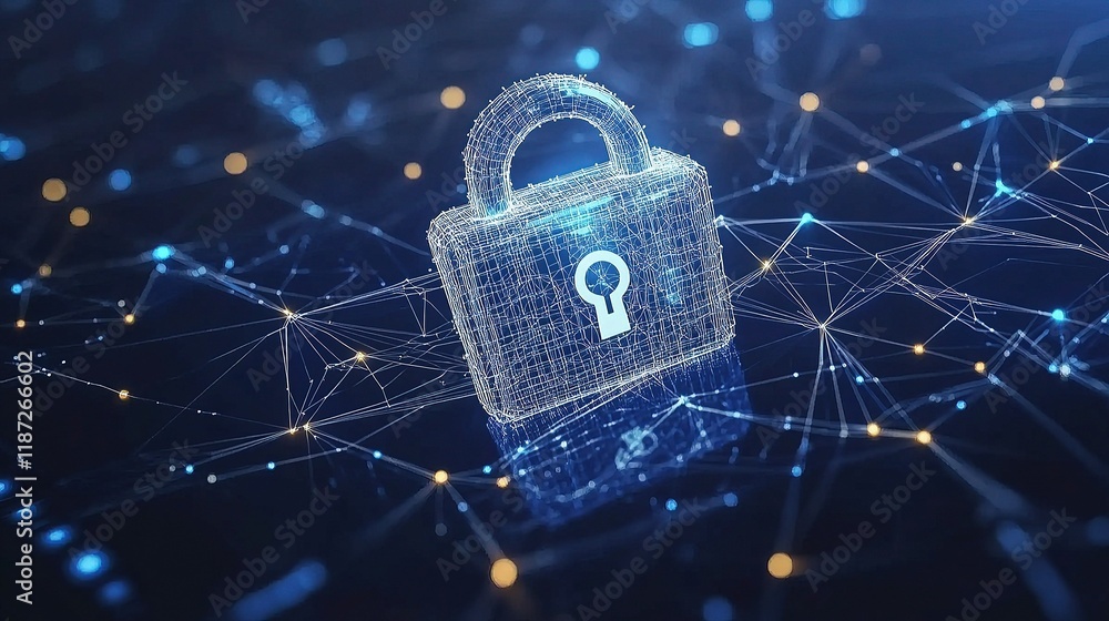 Poster cybersecurity concept with padlock and binary data connections
