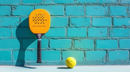 Bright yellow paddle and tennis ball resting against a teal brick wall in sunlight