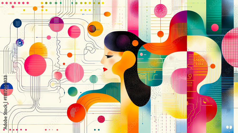 Aufkleber Vibrant abstract artwork featuring a woman's profile interwoven with colorful circles and digital patterns