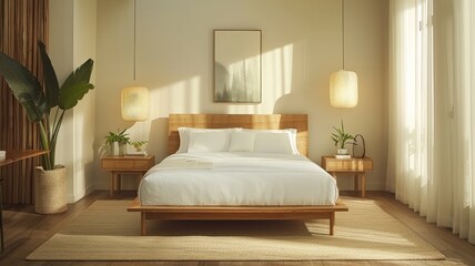 Modern minimalist bedroom with natural light, wooden bed, and neutral tones.
