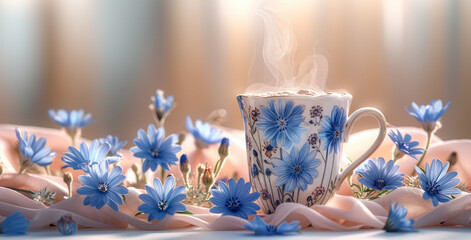 Steam rises from a delicate floral cup placed among fresh blue flowers on a soft cloth