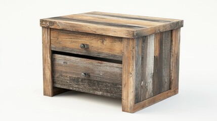 Rustic two-drawer wooden nightstand with reclaimed wood top and dark metal drawer pulls.