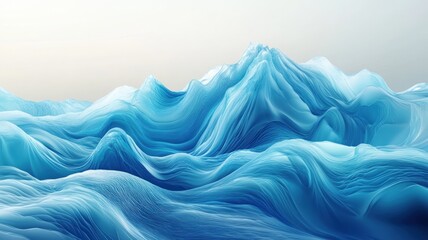 Fototapeta premium Abstract blue wave landscape, flowing lines, smooth surface, dynamic texture, 3D rendering, digital art, light blue, white background, hills, peaks, curves, undulation, soft, serene, calm.