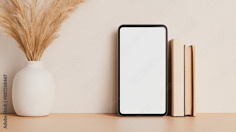 Poster modern smartphone with white blank screen for mockup design is standing on wooden table next to book