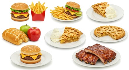 Delicious Fast Food Dessert Platter Burgers Fries Apple Pie Ribs