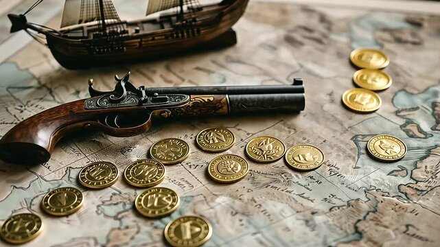 3_Antique Flintlock Pistol on Pirate Map with Gold Coins and Ship Model