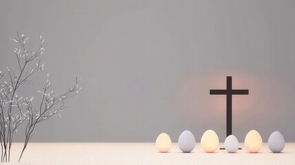 Stylish display of Easter eggs and a cross on a minimal backdrop.