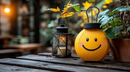 Cheerful smiley face lantern with plants on wooden table decor