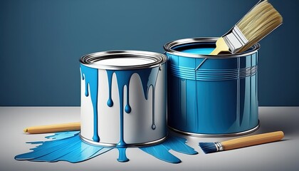 Two Paint Cans with a Brush Vibrant Contrast of Blue and White in a Neatly Arranged Art Supply Setup