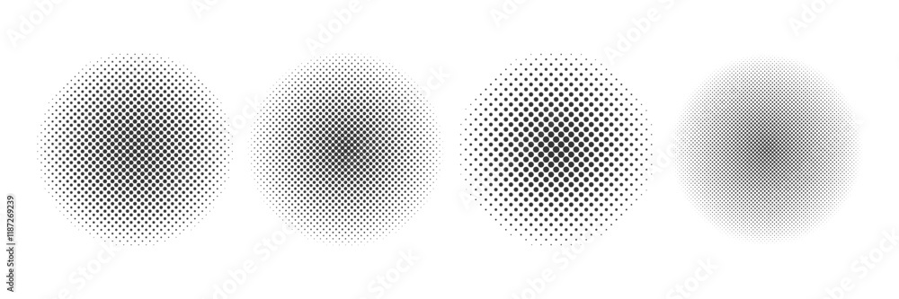 Poster set of halftone circular patterns in black and white. abstract half tone circle set. monochrome circ