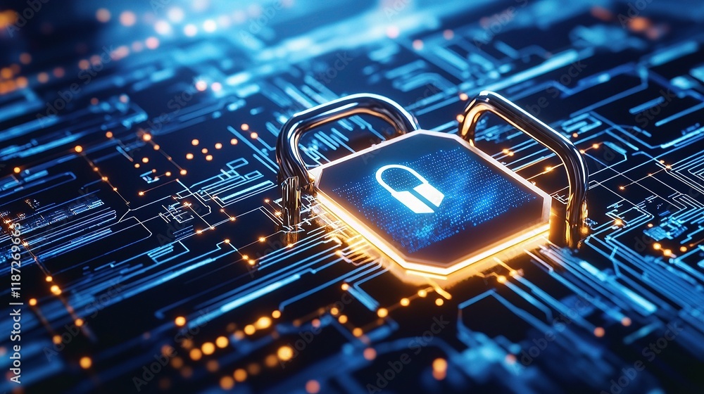 Poster digital technology background with computer elements and security symbol