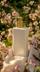 A mockup of an elegant shampoo bottle, placed on top of delicate vanilla flowers, vanilla and soft fabric