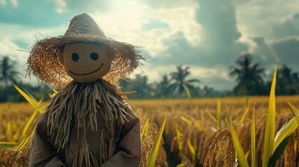 A traditional scarecrow strawman stands tall in a rice field, its rustic charm enhancing the serene agricultural landscape while guarding the crops.