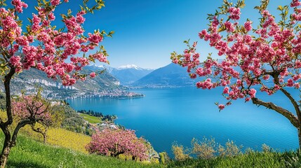 Scenic springtime lake view with vibrant pink cherry blossoms.