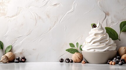 Creamy dessert with decorative fruits and nuts arranged on a neutral background