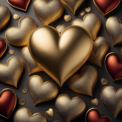 Happy Valentine's Day. Background with metallic gold and red hearts staging on top of each other Greeting card, gift poster, wedding card
