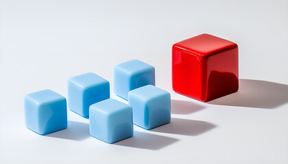 Fototapeta premium Red cube in front of blue ones on white background. Competition concept