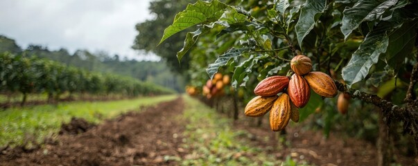 A lush cacao farm with ripe pods hanging from the trees, showcasing vibrant colors amidst a serene landscape.