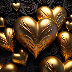 Happy Valentine's Day. Background with metallic gold  hearts with black roses staging on top of each other Greeting card, gift poster, wedding card
