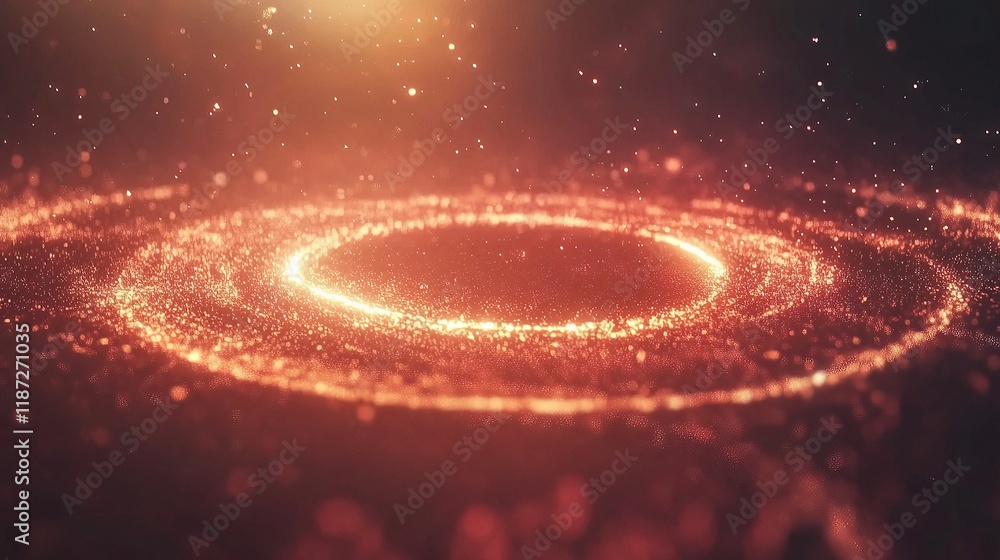 Poster glowing particles moving in circular patterns with bright lines