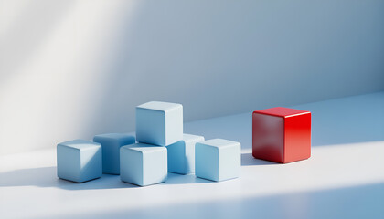 Obraz premium Red cube in front of blue ones on white background. Competition concept
