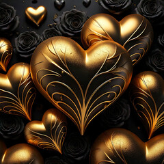 Happy Valentine's Day. Background with metallic gold  hearts with black roses around staging on top of each other Greeting card, gift poster, wedding card
