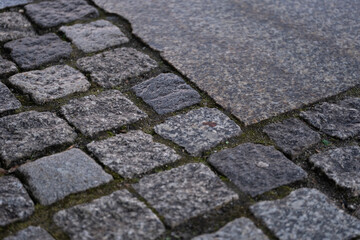 A detailed view of a cobblestone pattern with moss growing between the stones. The contrast between the stone s rough texture and the soft moss creates a natural aesthetic.