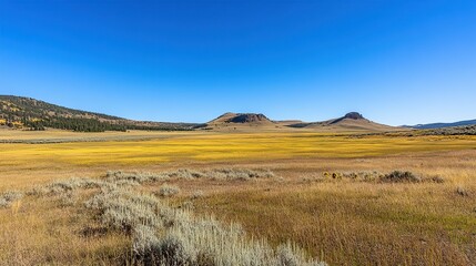 Expansive autumnal landscape with golden meadow, distant buttes under clear blue sky.