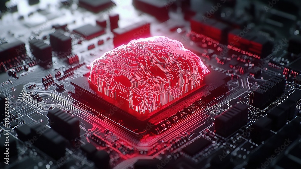 Poster 3d rendering of central processor concept with colorful lines and scale