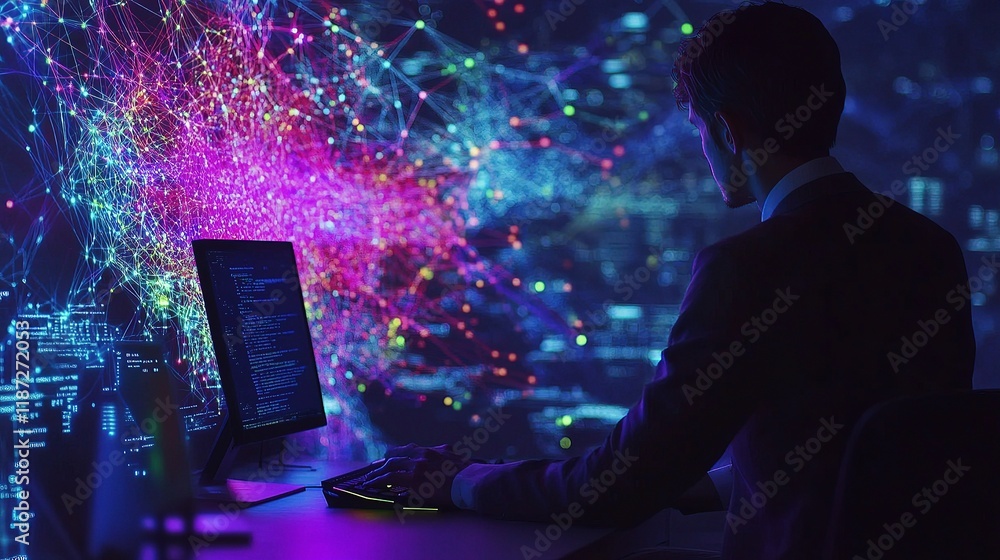 Poster digital technology network visualization with colorful lines