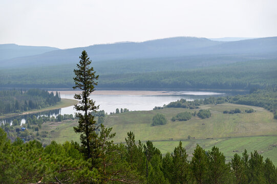 Yakutian landscape with Aldan River in far eastern Siberia, Sakha Republic, Russia. Top view