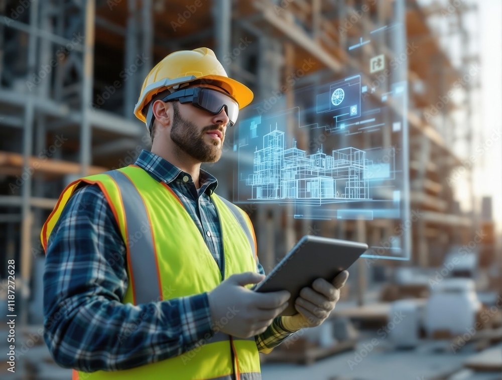Poster construction worker using augmented reality technology at building site
