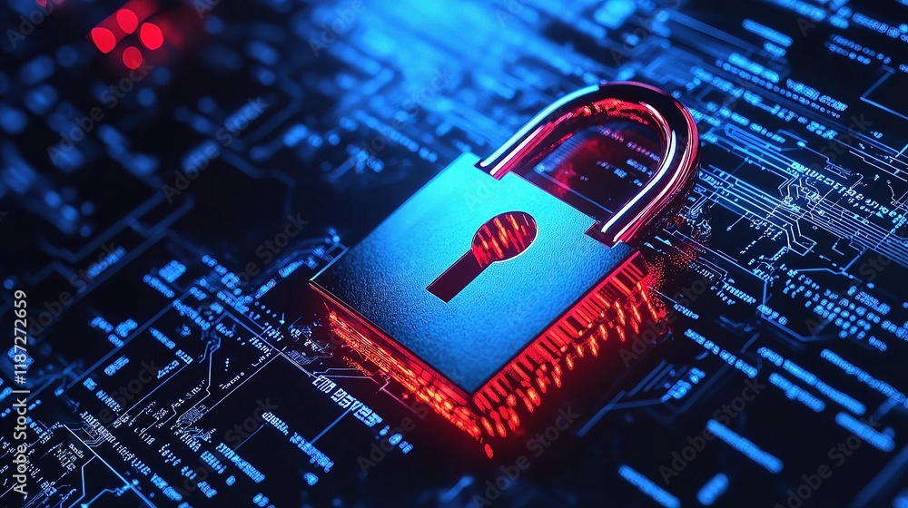 Poster digital lock on computer background with technology lines and scale