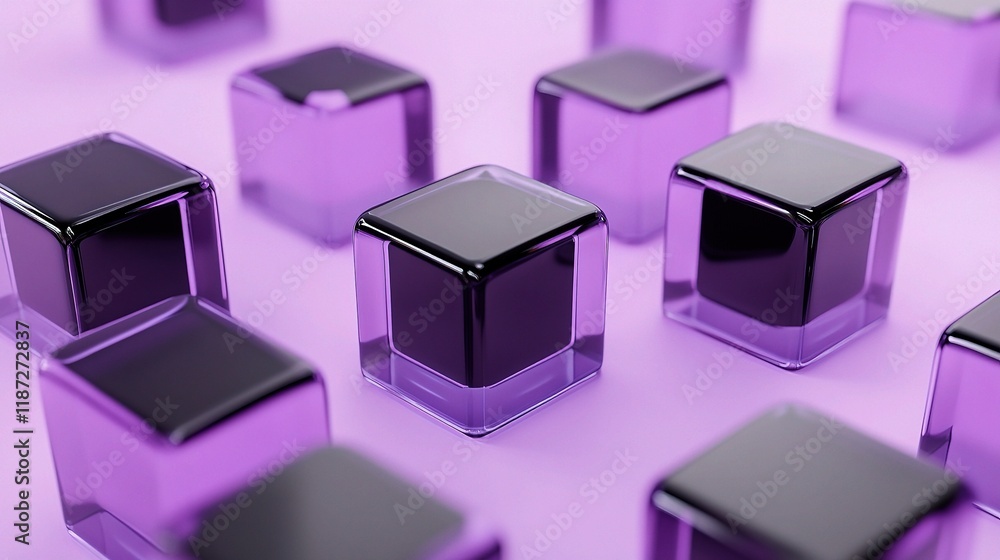 Poster aligning black translucent cubes on a soft lilac background