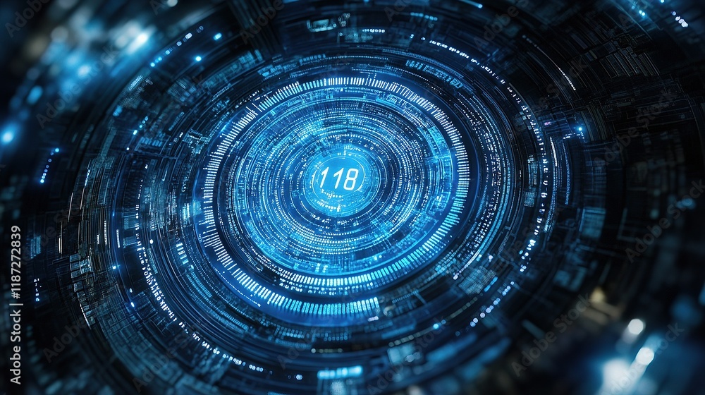 Poster abstract blue technology interface with circular patterns and lines