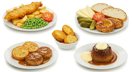 Delicious British Food Platter Fish Chips Yorkshire Puddings and More