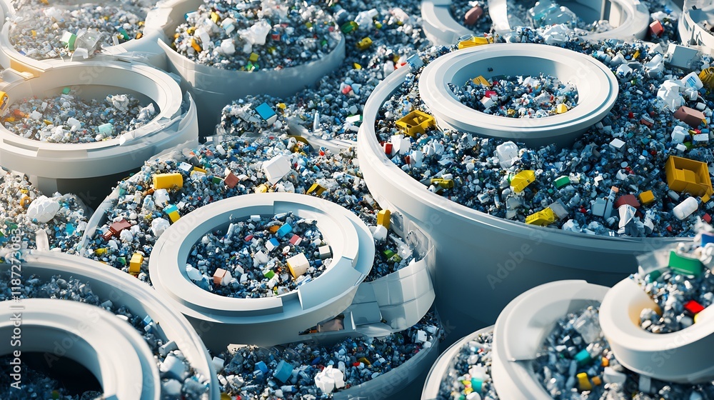 Poster Highresolution rendering of waste management systems highlighting interconnected circular forms recycling reduction