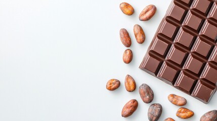 Fototapeta premium A close-up of rich chocolate bars alongside raw cocoa beans on a light background, highlighting the natural ingredients of chocolate.