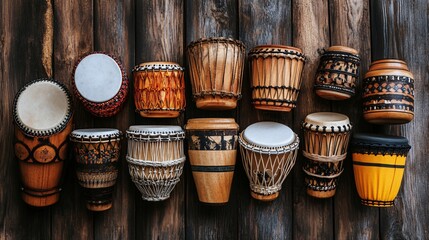 Various handmade drums displayed on wooden wall for cultural appreciation and music