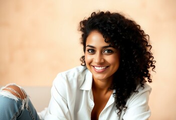 Portrait of a smiling Latin American woman with warm brown skin and bright green eyes