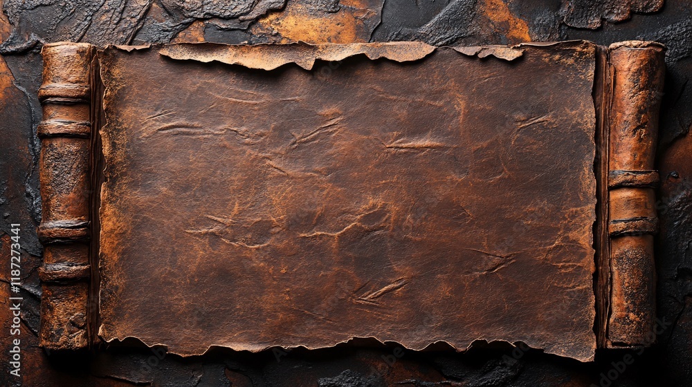 Poster ancient scroll with weathered texture lying on a rustic background