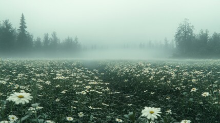 Misty dawn over a field of daisies.