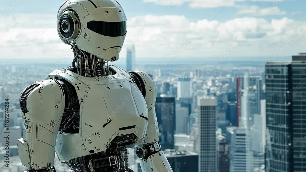 Poster robot stands indoors overlooking a vibrant cityscape filled with skyscrapers in a futuristic setting