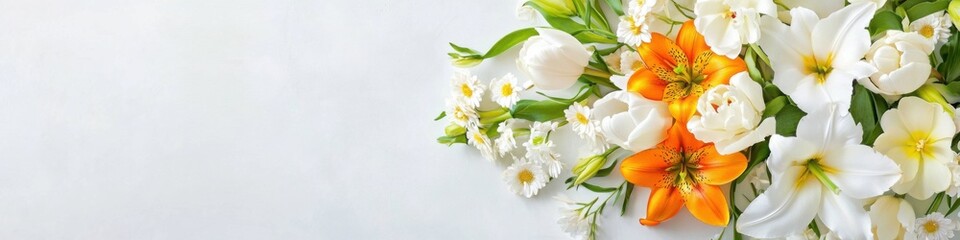 Obraz premium Elegant floral arrangement featuring pastel lilies and tulips on a monochrome background