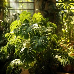 monstera plants with green  leaves in a bright greenhouse, illuminated by soft natural sunlight