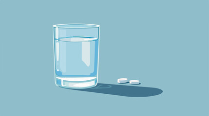 Refreshing Glass of Water and Medicine Pill on Blue Background