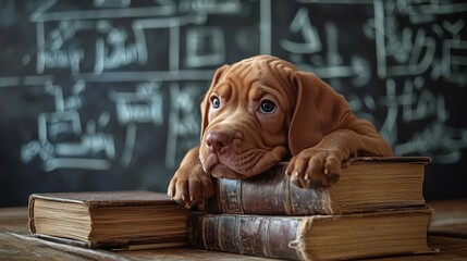 A curious puppy reclines on a stack of vintage books, gazing toward the viewer. The background features a chalkboard filled with equations, enhancing the studious atmosphere