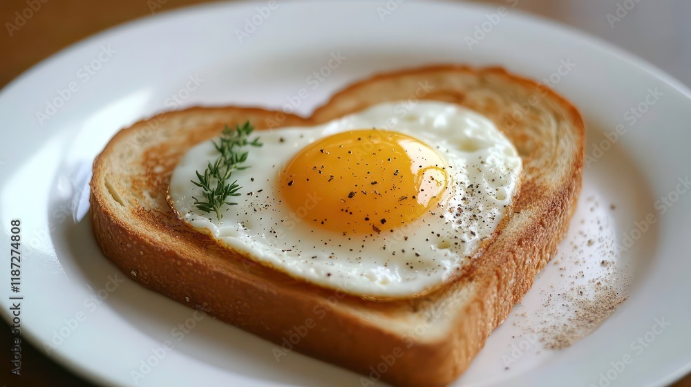 Poster heart-shaped toast with fried egg and thyme sprig.