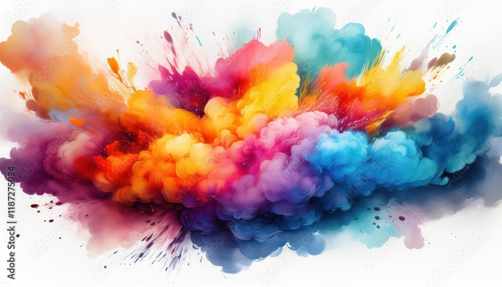 Poster vivid colorful smoke explosion on white background, illustrated by generative ai a dramatic display 